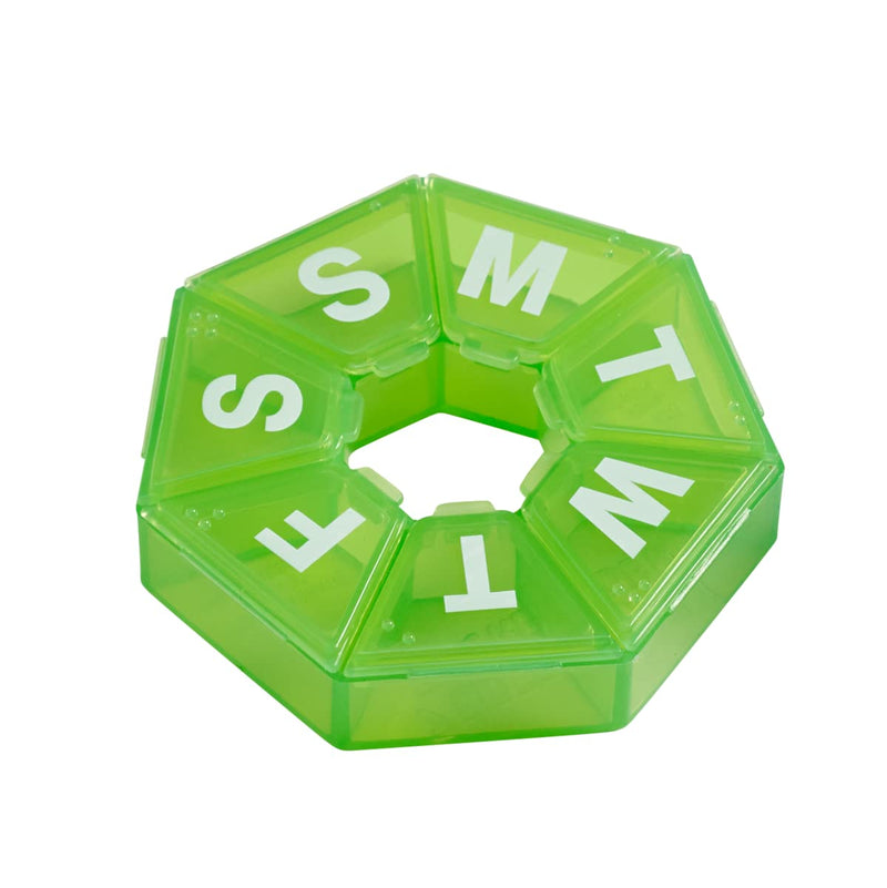 Ezy Dose Weekly (7-Day) Pill Organizer, 7-Sided Medicine Planner, Green | Compact Daily Round Vitamin & Supplement Medicine Case, Convenient and Easy to Use, Travel-Friendly Container, BPA-Free