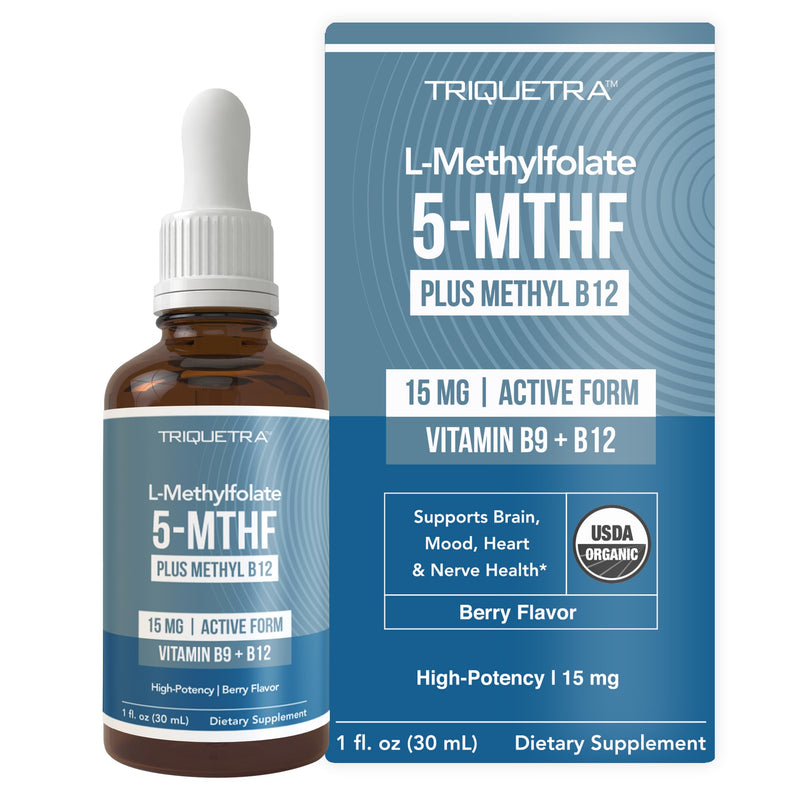 L Methyl Folate 15mg Plus Methyl B12 Cofactor – Organic Berry Flavor, High Potency Liquid Sublingual Active 5-MTHF Form - Supports Mood, Methylation, Cognition – Bioactive Forms Vitamin B9 & B12 (1oz) Drop 1 Fl Oz (Pack of 1)