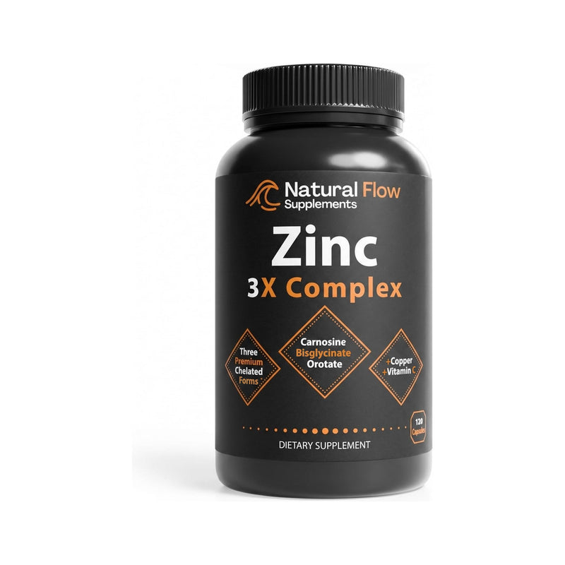 Natural Flow Zinc 3X Complex, 15 mg, 120 Capsules | 3 Chelated Forms (Bisglycinate, Carnosine, Orotate) with Copper & Vitamin C — Gentle on Stomach, Immune & Skin
