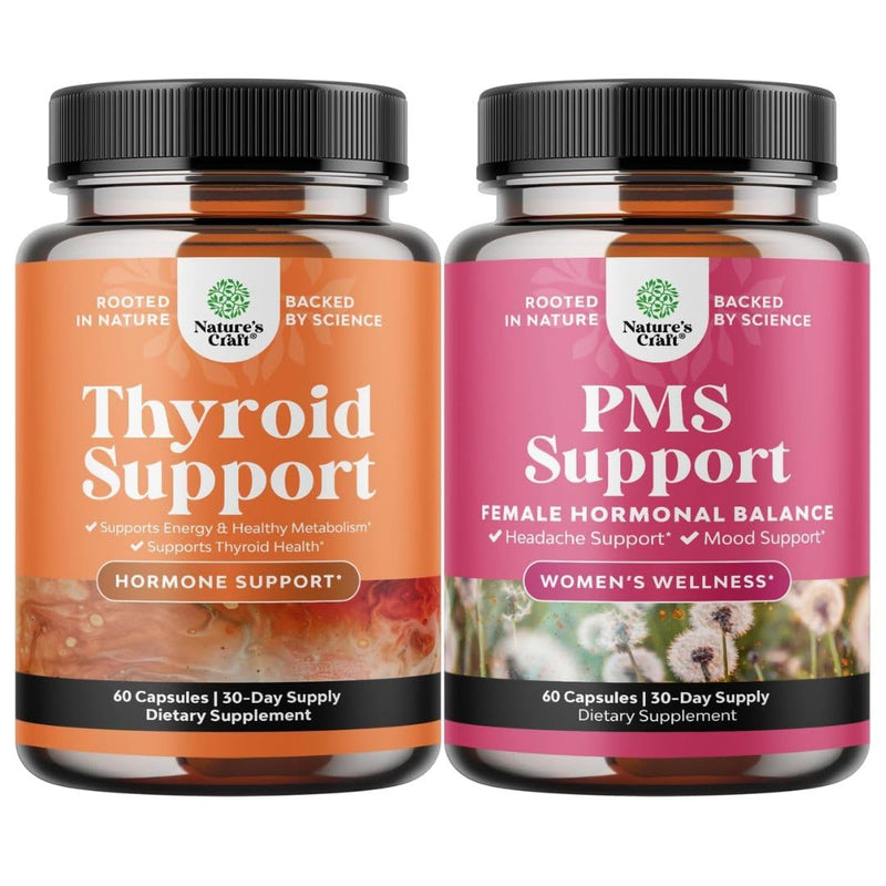 Bundle of Herbal Thyroid Support Complex and Herbal PMS Support Supplement for Women - Mood Enhancer Energy Supplement for Thyroid Health - Feminine Balance Complex with PMS Vitamins for Women