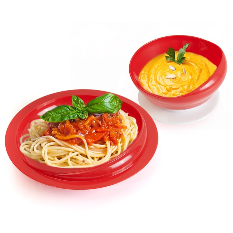 [Australia] - Spill Proof Scoop Bowl and Plate with Non-Skid Suction Base, Adaptive Self-Feeding Dinnerware for Elderly/Disabled (Red Combo Set) RED COMBO SET 