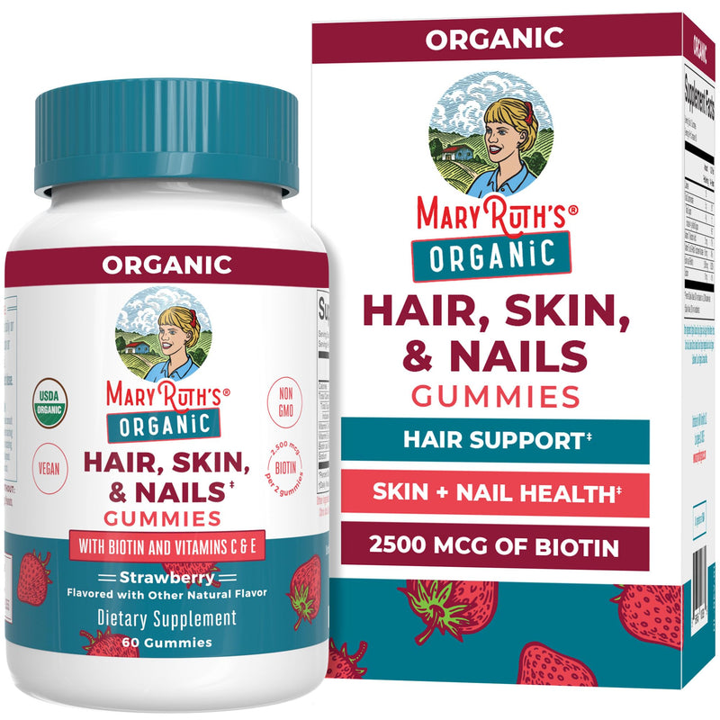 MARYRUTH'S Organic Hair Skin and Nail Vitamins, Ages 14+, Skin Care, 60ct | USDA Organic, 2500 mcg Biotin Gummies, Vitamin C & Vitamin E, Hair Growth, Skin Care, Nail Growth