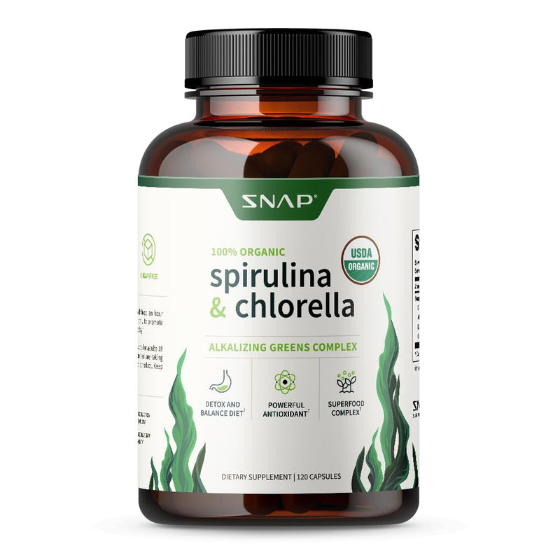 [Australia] - Snap Supplements USDA Organic Spirulina Chlorella Capsules - Green Superfoods for Natural Energy and Metabolic Health, 120 Capsules 