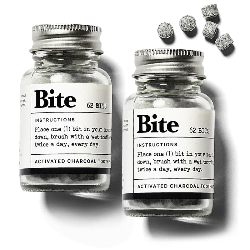 Bite Whitening Toothpaste Tablets – 2 Months – Fluoride Free, Nano Hydroxyapatite + Xylitol, Mint Charcoal – Vegan, Cruelty-Free, Made in USA, Sensitive Teeth, Travel Size, (2 Bottles, 124 Tabs)