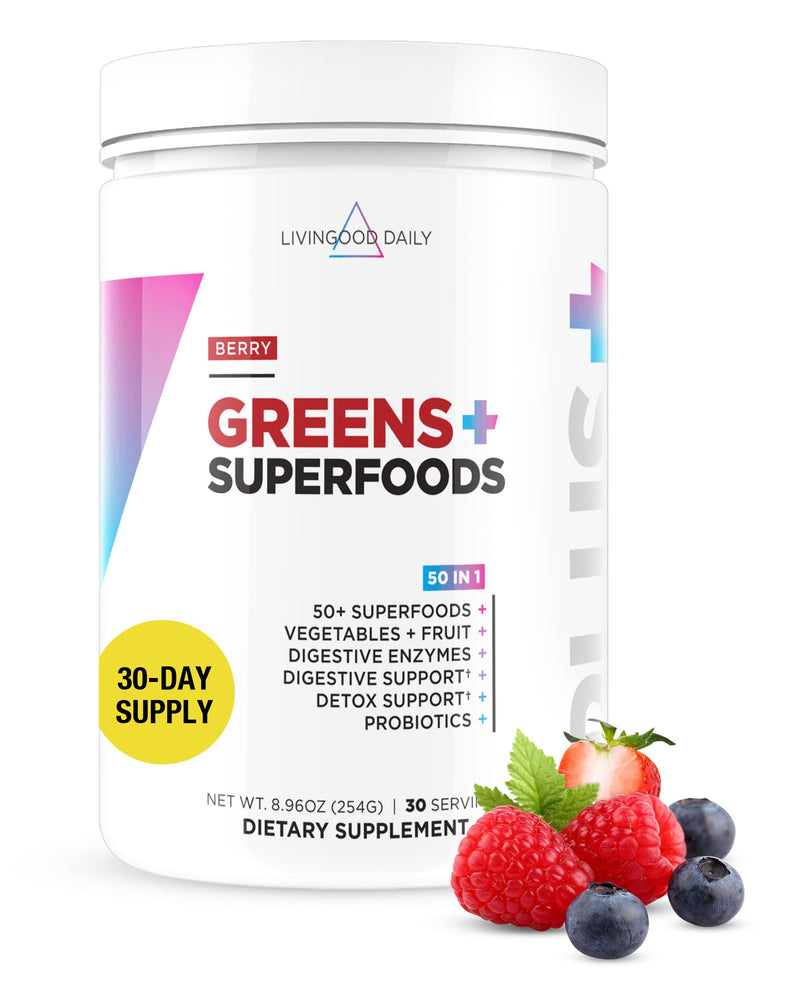 [Australia] - Livingood Daily Greens Superfood Powder (Berry) - Super Greens Powder for Gut Health - Green Juice Powder Supplement with Spirulina, Chlorella, Enzymes, & Probiotics for Liver & Digestive Support Berry 