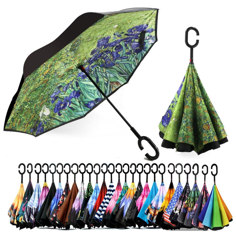 49/56 Inch Inverted Reverse Upside Down Umbrella, Extra Large Double Canopy Vented Windproof Waterproof Stick Golf Umbrellas with C-shape Handle. Irises 49 Inch