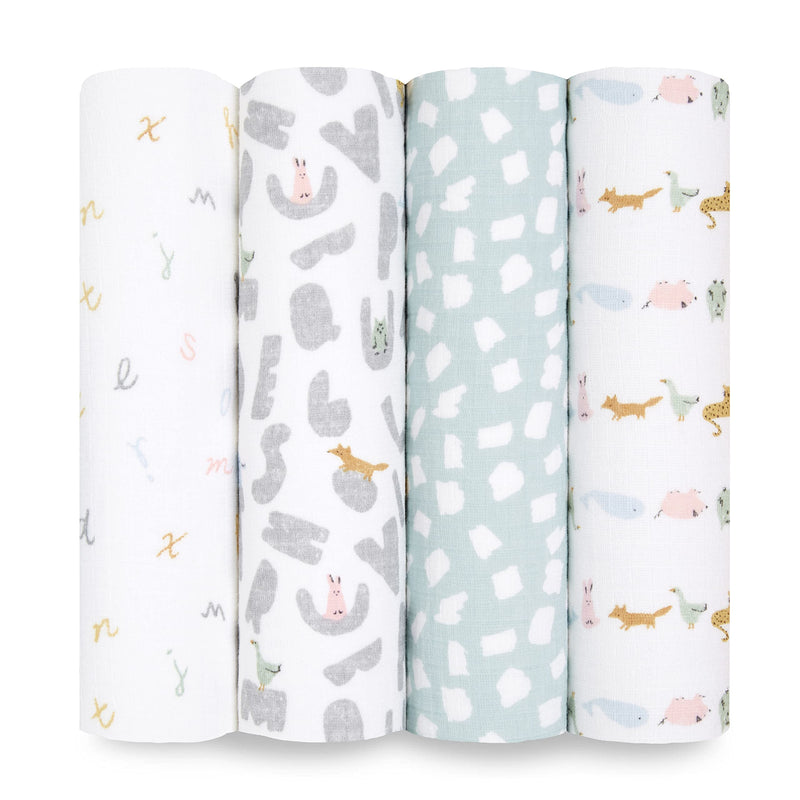[Australia] - aden + anais Essentials Swaddle Blanket, Boutique Muslin Blankets for Girls & Boys, Baby Receiving Swaddles, Ideal Newborn & Infant Swaddling Set, Perfect Shower Gifts, 4 Pack, Alphabet Animals 