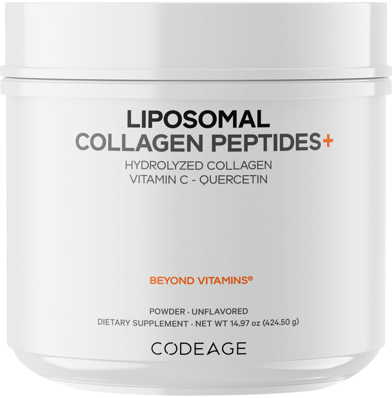 Codeage Liposomal Collagen Peptides Powder, Vitamin C, Quercetin, 15 oz | Liposomal bovine collagen peptides (types I and III) with vitamin C and quercetin. Unflavored powder. Non-GMO.