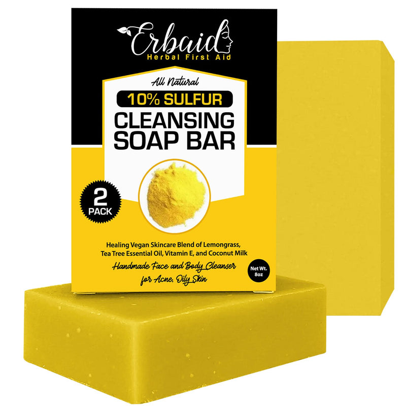 10% Sulfur Soap Cleansing Bar for Face & Body – All Natural Facial Cleanser for Acne, Oily Skin – Healing Skincare Blend of Lemongrass, Tea Tree Essential Oil, Vitamin E, Coconut Milk – Made in USA 4 Ounce (Pack of 2)