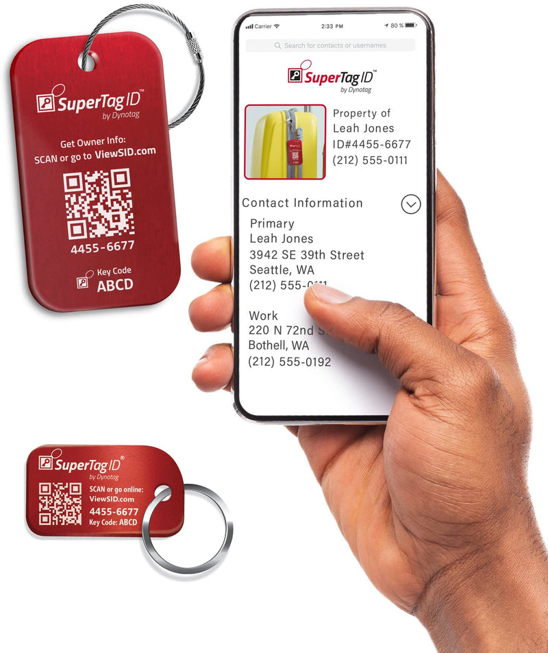 Dynotag® Sentry Series Solid Metal Web Enabled Smart Luggage ID Tag + Keychain Tag (Red Bundle)