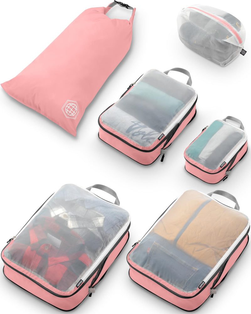 TRIPPED Travel Gear Large Compression Packing Cubes with Mesh 6-Piece Set | See-Through Mesh Organizers Maximize Space While Keeping Clothes and Travel Gear Organized and Easy to Find Dusty Rose