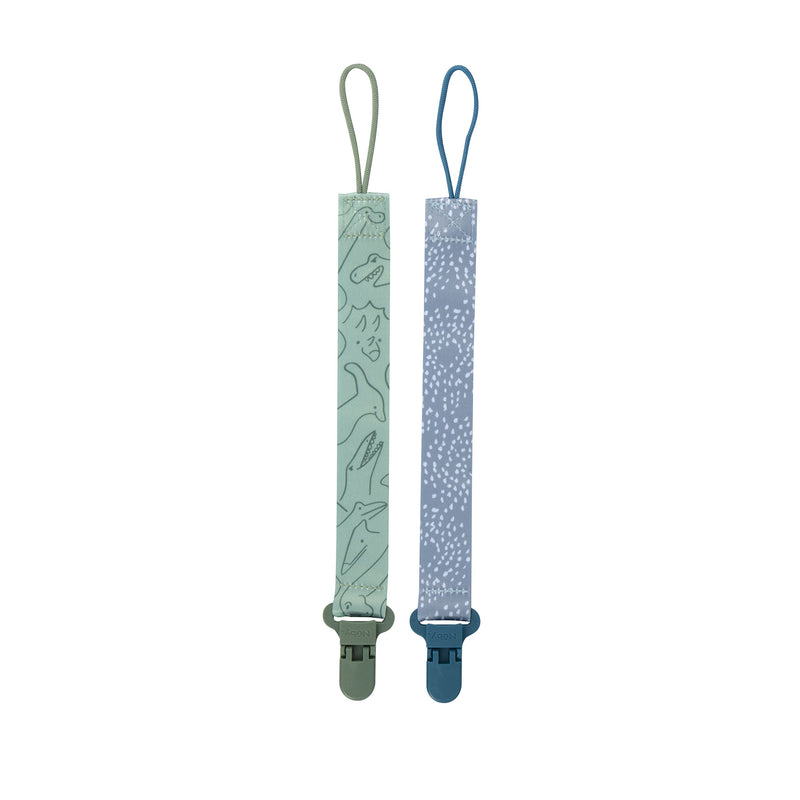 [Australia] - Nuby Pacifinder Pacifier Clip, 2 Pack Pacifier Holder for Boy, Blue Dots and Green Dino 