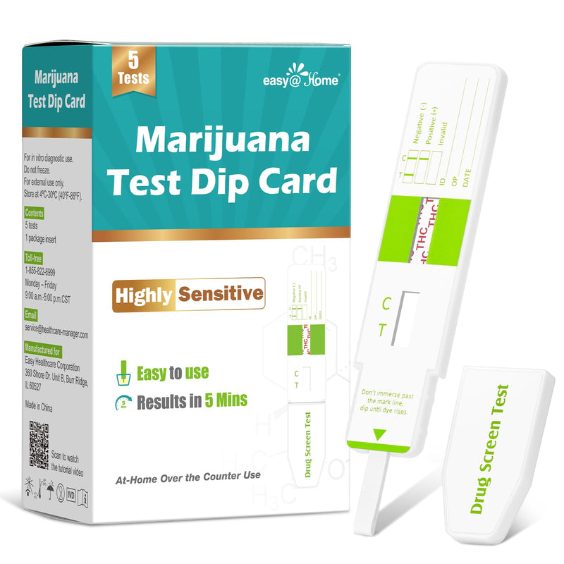 [Australia] - Easy@Home Marijuana Test Dip Card: Drug THC Urine Strips Kit for At Home Detox 50ng/mL Cutoff Level Over The Counter Use- Instant Testing Result in 5 Minutes - # EDTH-115 Pack of 5 5 Count (Pack of 1) 