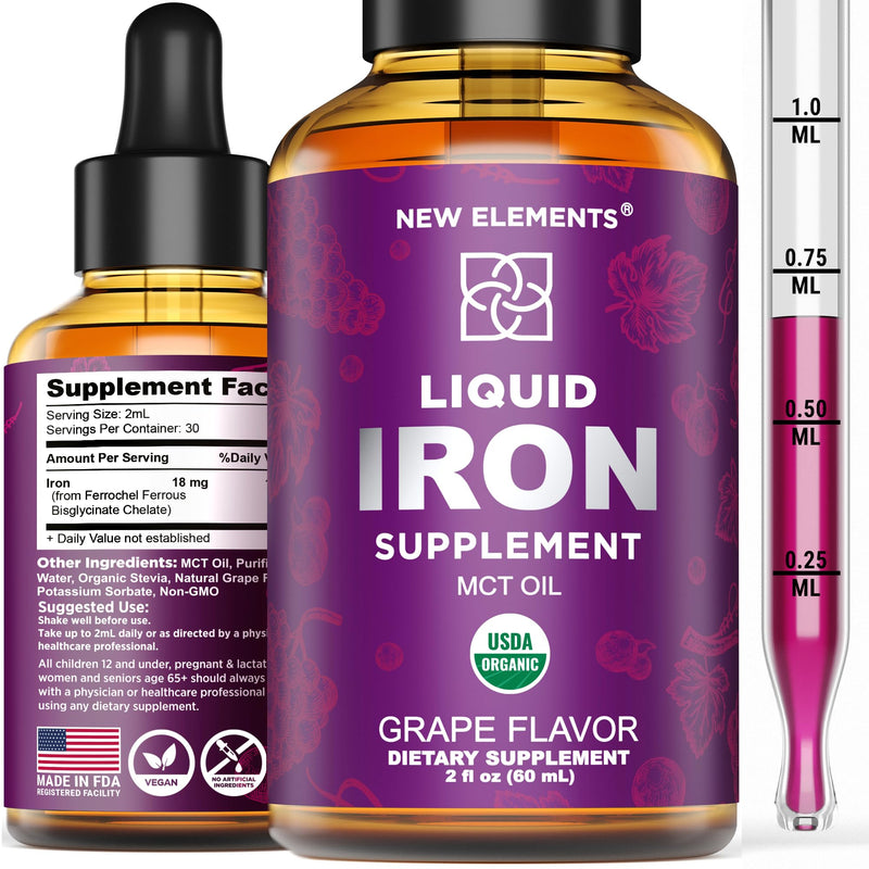 [Australia] - Iron Supplement for Women & Men Free Blood Builder, Iron Vitamin for Anemia USDA Organic Liquid Iron Drops for Adults with MCT Oil, Natural Grape Flavor, Faster Absorption & Immune Support, 2 Fl Oz 