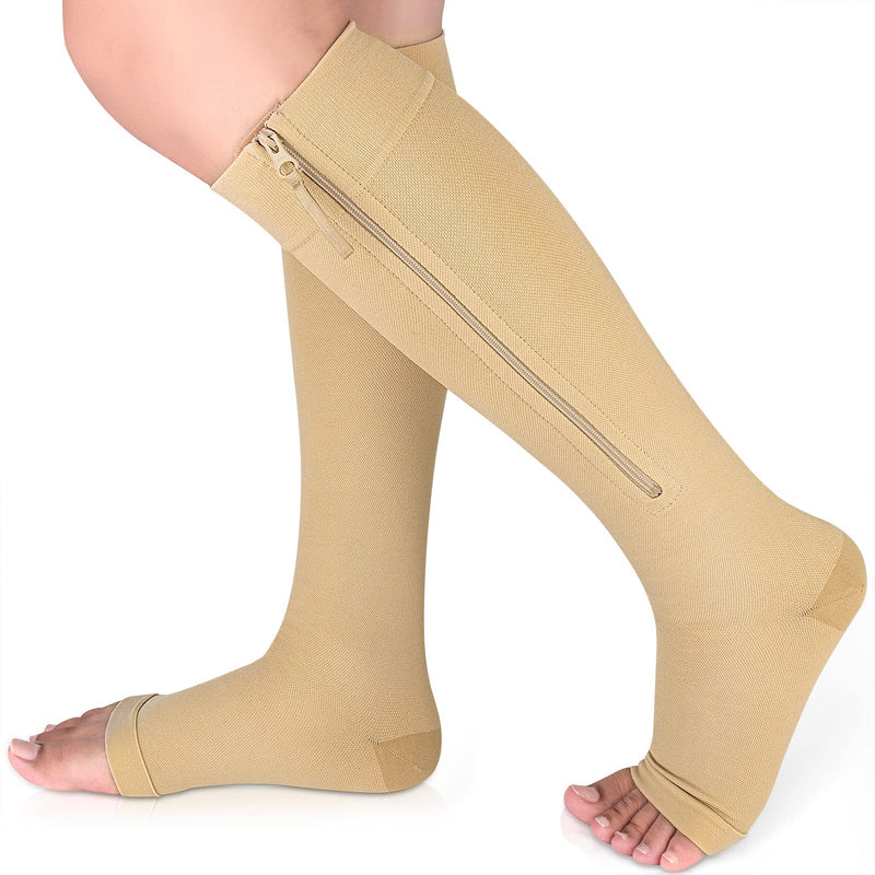 [Australia] - Ailaka Medical Compression Socks with Zipper, Knee High 15-20 mmHg Compression Socks for Women Men, Open Toe Support Socks for Varicose Veins, Edema, Recovery, Pregnant, Nurse X-Large (1 Pair) Beige 