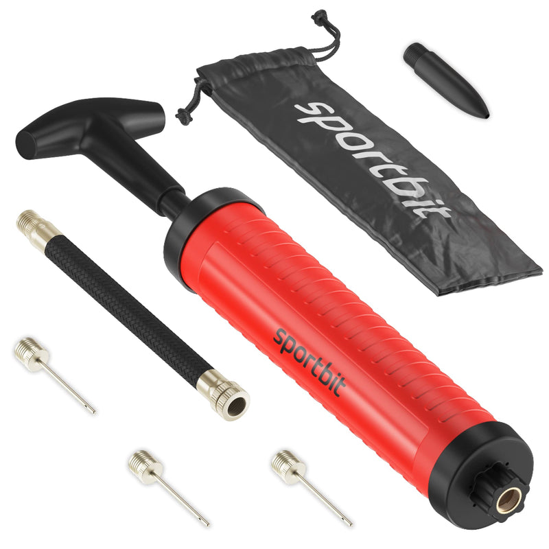 [Australia] - SPORTBIT Ball Pump with 3 Needles, Nozzle, Extension Hose, Pouch - Great Air Pump for Exercise Sport Balls - Football & Soccer, Basketball, Volleyball Pump, Swim Inflatables Red 