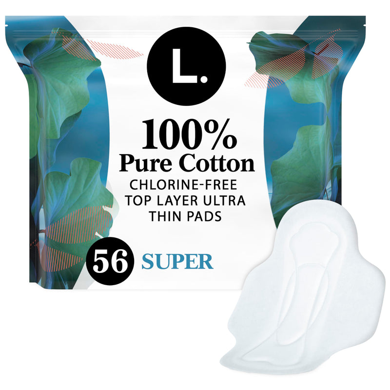[Australia] - L. Pure Cotton Topsheet Pads for Women, Super Absorbency, Ultra Thin Pads with Wings, Unscented menstrual pads, 56 Count (Packaging May Vary) 
