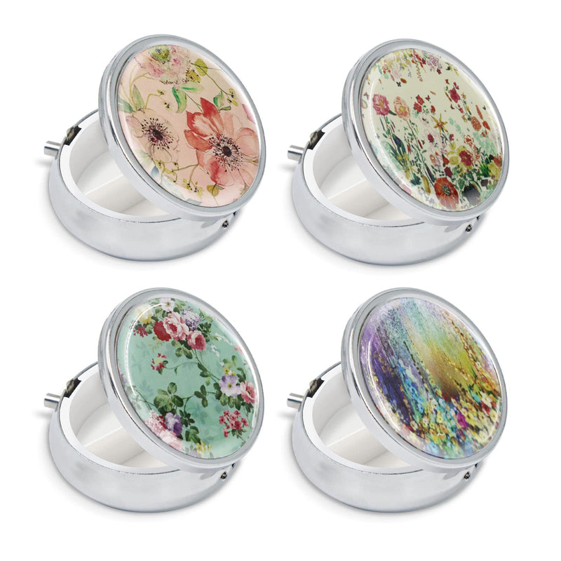 4 Pack Elegant Small Pill Box, 3 Compartments Pill Case for Purse Pocket with Mirror, Metal Travel Portable Medicine Tablet Vitamin Holder Organizer Container, Style A
