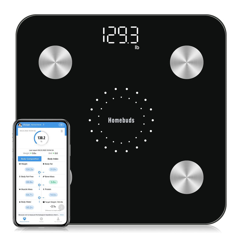 [Australia] - Homebuds Digital Bathroom Scale for Body Weight and Body Fat, Weighing Professional Since 2001, Body Composition Monitor Professional for BMI Fat Water Muscle with App, 400lb, Black Smart Scale Black 