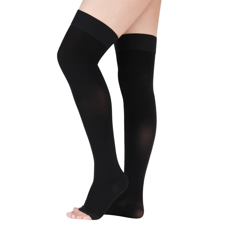 [Australia] - LIN PERFORMANCE 15-20 mmHg Medical Compression Stockings for Women and Men Thigh High Dot-Top Open Toe Socks for Varicose Vein Swollen legs Travel Flight Pregnant(Black,L) Black Large 