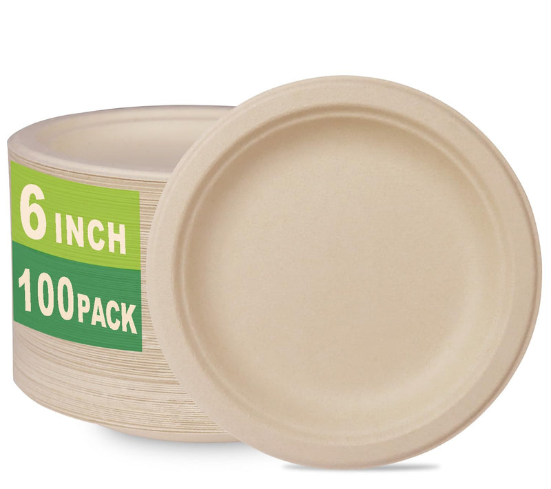 [Australia] - 100 Count 6“ Small Compostable Dessert Plates, Heavy-duty Unbleached Biodegradable Bagasse and Bamboo fiber Paper Plates 6 Inch 