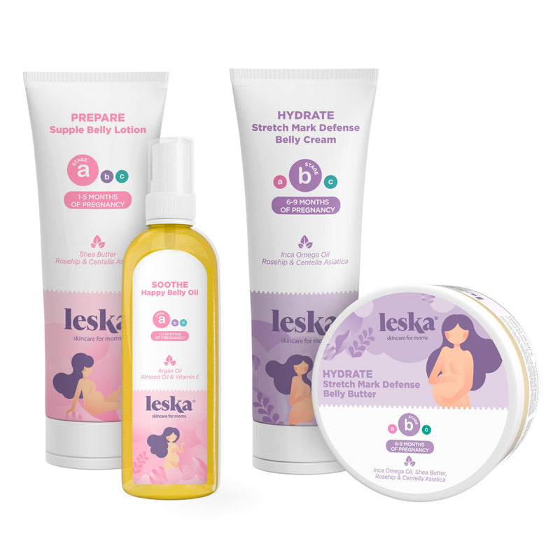 [Australia] - Pregnancy Stages A & B Set | Belly Lotion, Belly Oil, Stretch Mark Defense Cream & Belly Butter | Pregnant Mom Months 1-9 | Part of Complete 3-Part Pregnancy Skincare System (Set of 4, 4-4.93oz) 1-6 Month, 4-Pack 