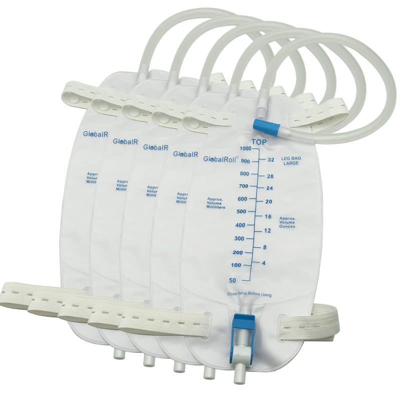 [Australia] - Leg Urinary Drainage Bag, Urine Leg Bag with 1000 mL Volume, 2 Adjustable Elastic Bands, Professional Urinary Bag for Home and Hospitals Health Aids, 5 Pack 