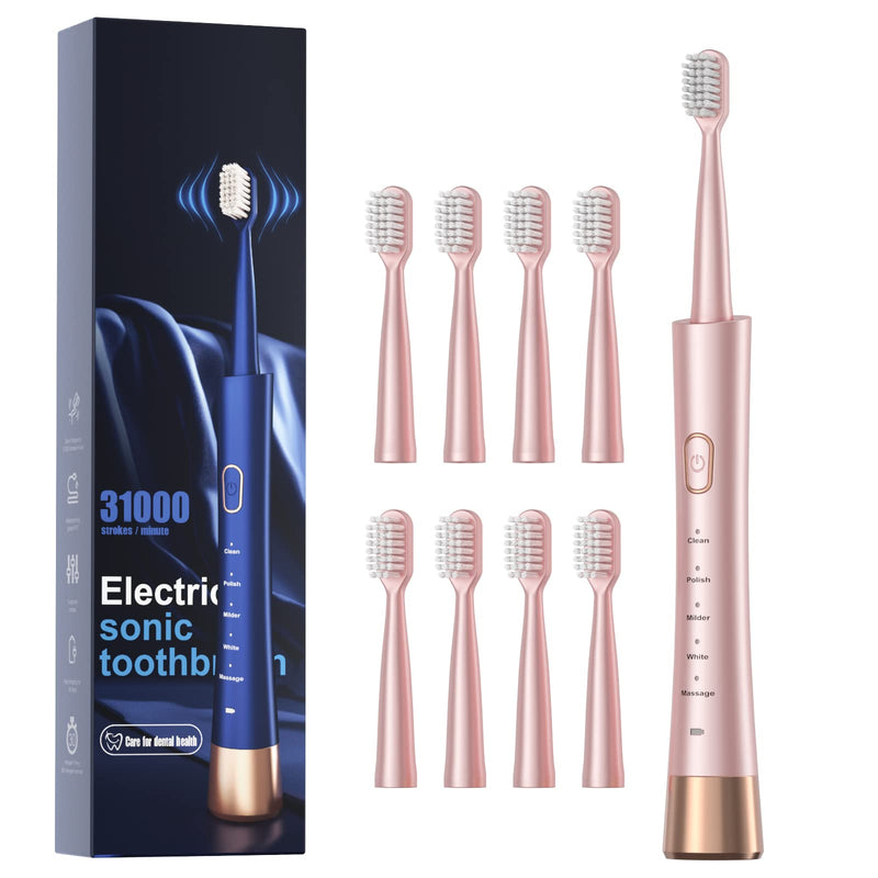 [Australia] - Sonic Electric Toothbrush for Adults, USB Rechargeable Sonic Toothbrush with 8 Brush Heads, Smart Timer, 5 Modes, 2-hour Fast Charge Last 30 Days, Pink 