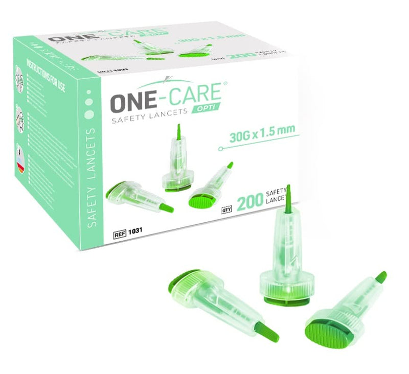 [Australia] - 200 Count: ONE-CARE Opti Safety Lancets, Top Button Activated, 30G x 1.5mm, Auto-Retractable, Sterile, Single Use, Ideal for Blood Testing, Ultra-Thin for Comfort 