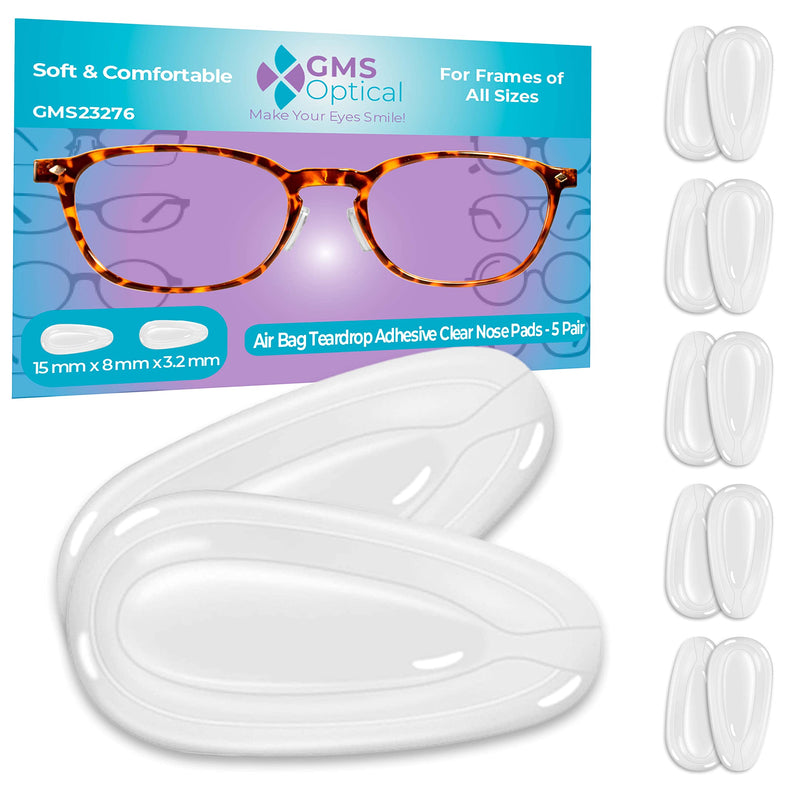 [Australia] - GMS Optical® 3.2mm Extra-Thick / 15mm Medium-Length - Adhesive Air Bag Teardrop Anti-Slip Silicone Nose Pad Reduce pressure and prevent slipping for Glasses, Eyeglasses, Sunglasses (5 Pair)(Clear) 5 Pair Clear 