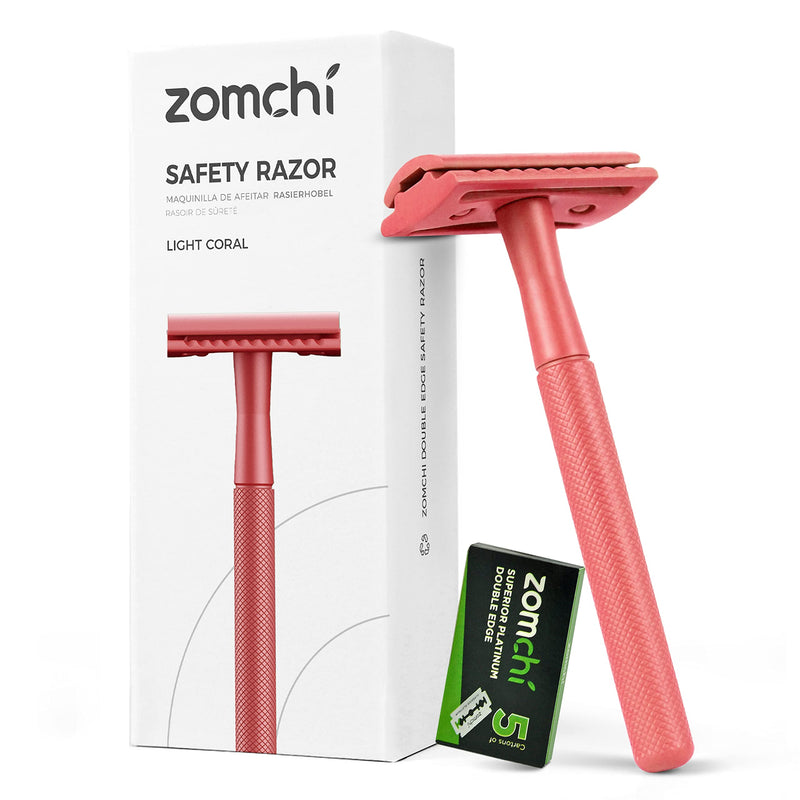 [Australia] - ZOMCHI Single Blade Double Edged Safety Razor with 5 Safety Razor Blades, Metal Razor for Men & Women, Single Blade Razor – Light Coral 