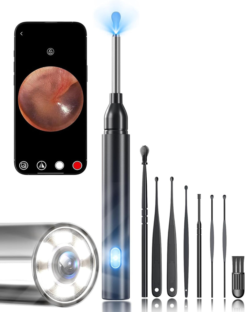 [Australia] - Ear Wax Removal, Ear Cleaner Camera with 1080P, Ear Cleaning Kit with 6 Ear Pick, Ear Camera for iPhone, iPad, Android Phones, with 8 Pcs Ear Set Black 