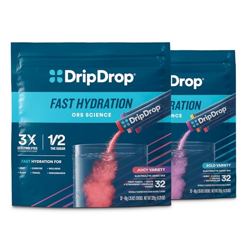 DripDrop Hydration Bold & Juicy Variety Bundle Electrolyte Packets, 64 Ct | Grape, Fruit Punch, Strawberry Lemonade, Cherry, Watermelon, Berry, Lemon, Orange; Single Serve Powder Drink Mix