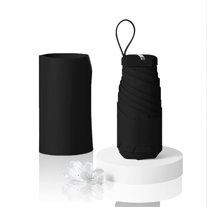Small Mini Umbrella For Travel Compact UV Umbrella For Sun&Rain Windproof Lightweight Simple Color Flod Umbrella For Women Man Kids（Obsidian Black）