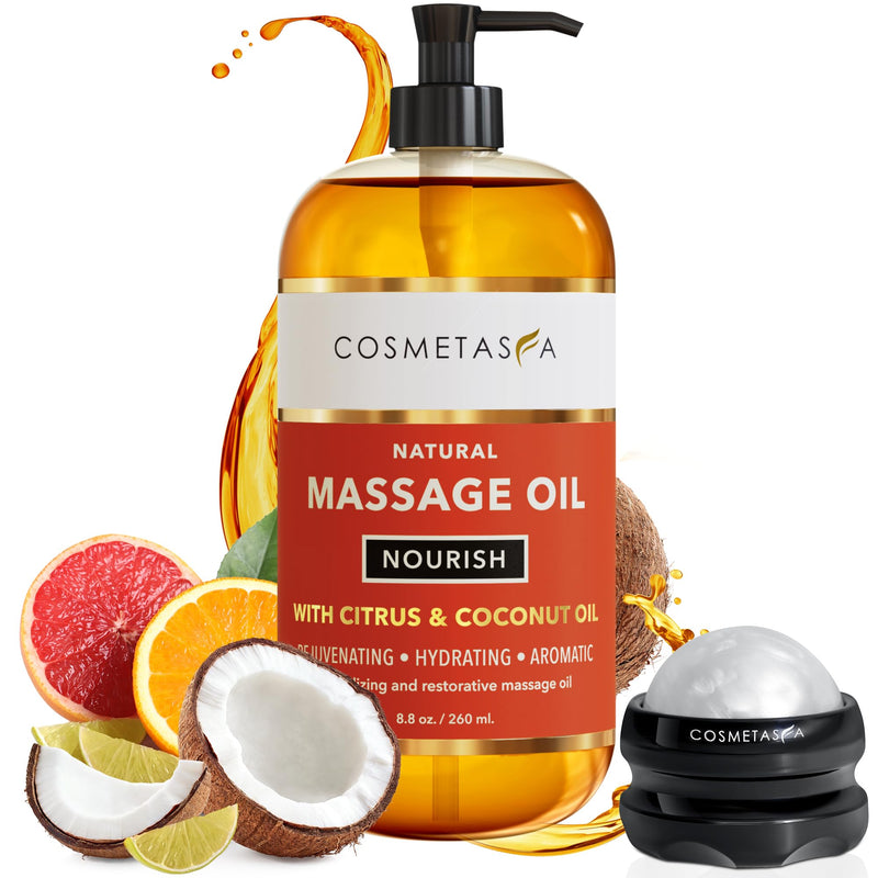 [Australia] - Natural Nourishing Massage Oil with Massage Roller Ball - Therapeutic Citrus & Coconut Massage Oils with Rejuvenating, Hydrating & Aromatic Essential Oils for Dry Skin, Soothes Muscle & Joints 8.8 oz Massage Oil w/ Body Roller 