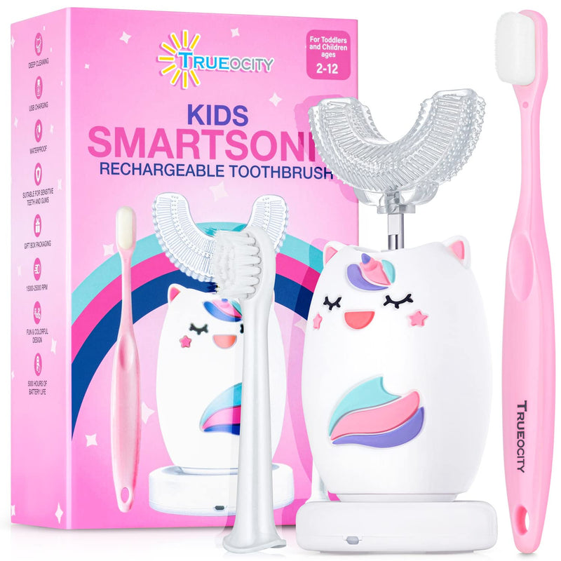 [Australia] - Kids Toothbrushes U Shape, Kids Automatic Toothbrush, Toddler Toothbrush U Shaped, U Toothbrush Kids, Auto Toothbrush, Rechargeable Electric Brush Age 2+, Children's U-Shaped Toothbrush (Unicorn) Pink - Unicorn 