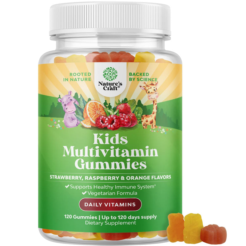 Natures Craft Plant Based Kids Multivitamin Gummies - Multivitamin for Kids Immunity Support Gummies with Vitamins A C D3 E B and Zinc Gelatin and Gluten Free Non-GMO Vitamins Gummy Formula 120ct | Multivitamin for Kids with Vitamin D3, C, A & Zinc - S...