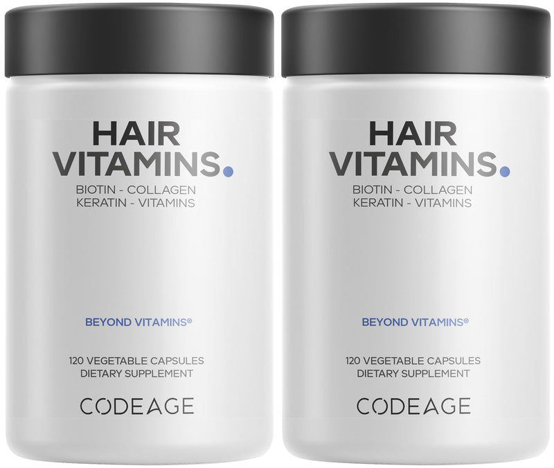 Codeage Hair Vitamins 10000 mcg Biotin, Keratin, Collagen, Vitamin A, B12, C, D3, E, Zinc, Turmeric, Probiotics, Enzymes, Inositol - Hair Care Support - Healthy Hair Supplement Pills - 2 Pack 120 Count (Pack of 2)