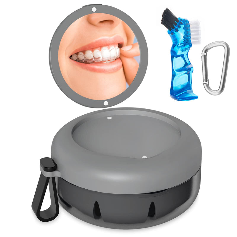[Australia] - Denture Bath Case, Denture Cup, Leak Proof Portable Retainer Case, Denture Cleaning Kit with Cleaner Brush, Denture Box with Strainer & Mirror, Denture Case for Aligner Retainer Mouth Guard (Gray) Elegant Gray 