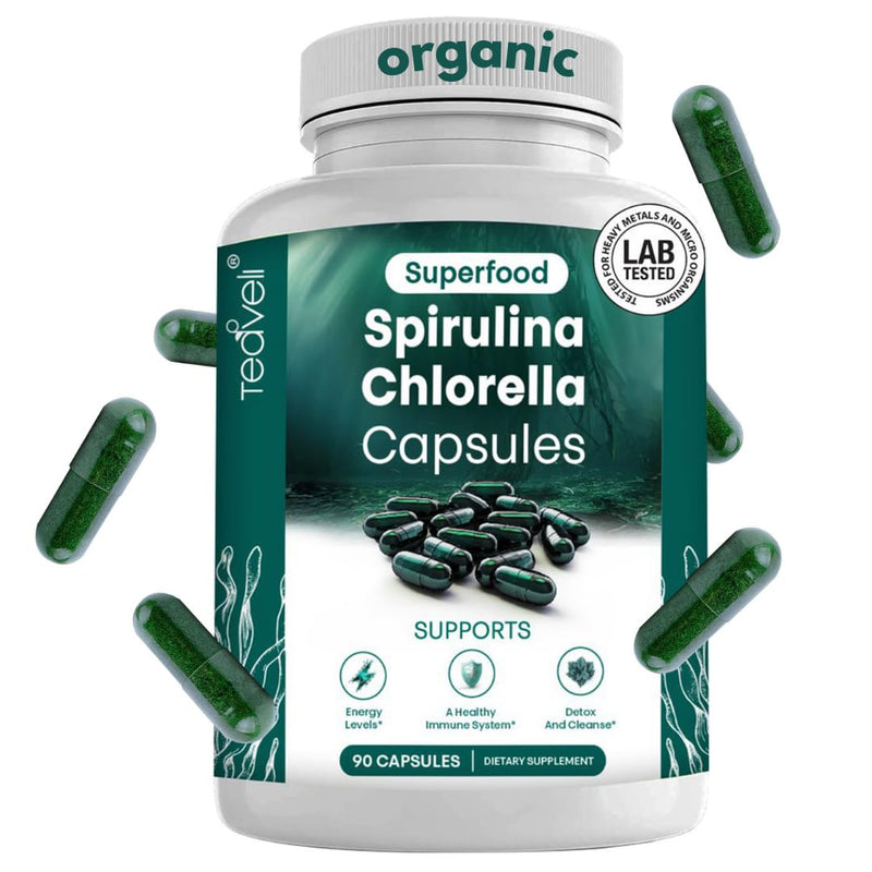[Australia] - Organic Spirulina and Chlorella Capsules –Organic Chlorophyll Pills & Blue Green Algae to Support Powerful Detox, Energy & A Healthy Immune System– 3X More Chlorella Spirulina Powder/Serving – 90 Ct 