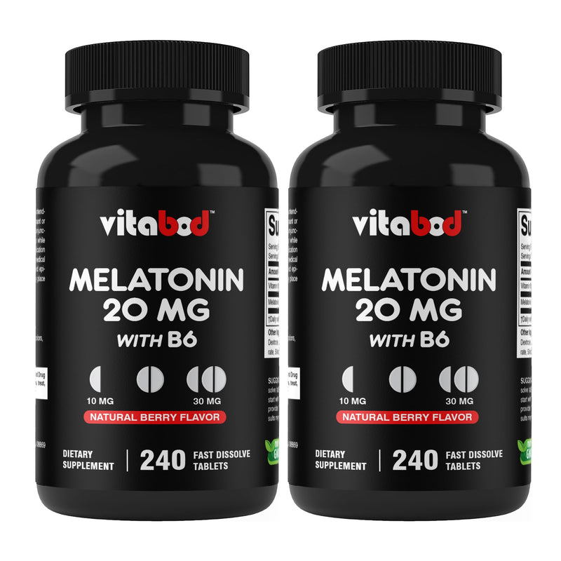Vitabod Melatonin 20 mg with Vitamin B6, 240 Fast Dissolve Tablets -2 Pack | Natural Berry Flavor, Sleep Support*, Non-GMO, Gluten Free, Made in USA