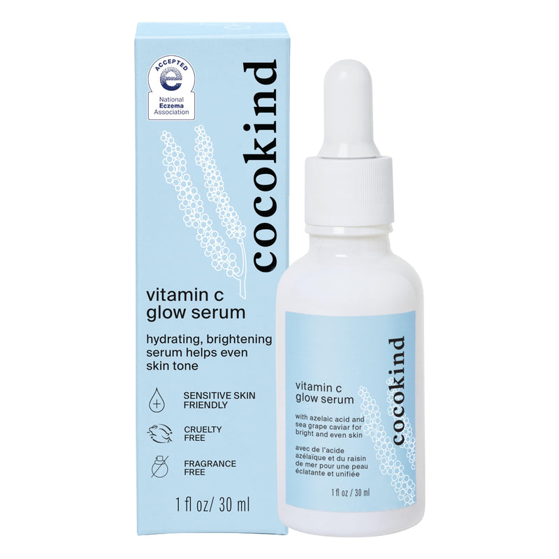Cocokind Vitamin C Glow Serum with Azelaic Acid and Sea Grape Caviar for Bright and Even Skin, 1 Fl Oz | Brighten & Even Skin Tone and Texture, Hydrating Face Serum with Azelaic Acid and Sea Grape Caviar, Sensitive Skin Friendly 1 Fl Oz (Pack of 1)
