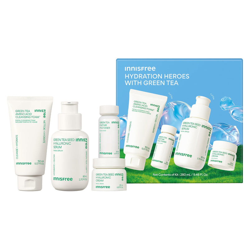 [Australia] - innisfree Hydration Heroes with Green Tea, Routine Kit with Korean Skincare Serum, Cleanser, Toner, and Cream (Packaging May Vary) 