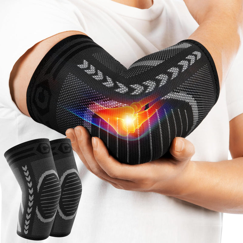 [Australia] - CAMBIVO 2 Pack Tennis Elbow Brace for Tendonitis and Tennis Elbow,Golfers Elbow, Arm Compression Sleeves for Women and Men, Bíceps Support Sleeve for Weightlifting, Basketball and Workout Large Grey 