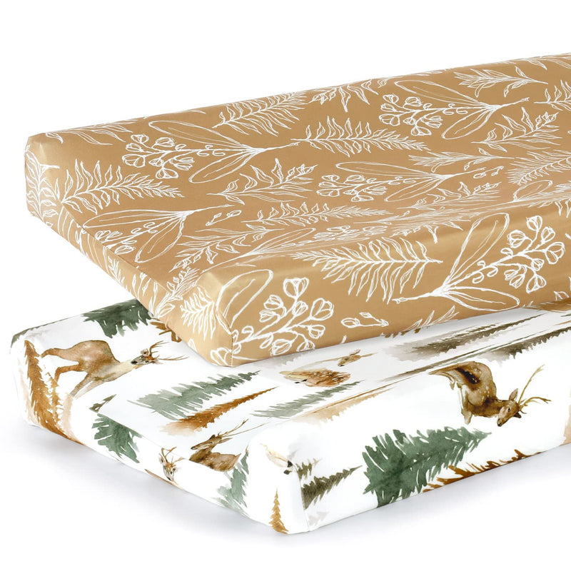 [Australia] - GRSSDER Stretch Ultra Soft Jersey Knit Changing Pad Cover Set 2 Pack, Change Table Pad Covers Fit 32"/34" x 16" Pads Safe and Snug, Stylish Jungle Deer Pattern for Baby Brown 