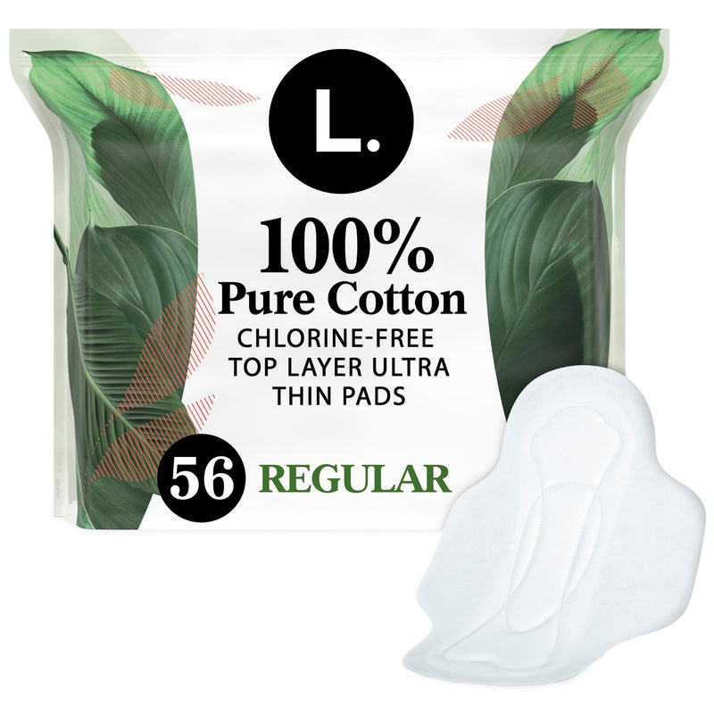 [Australia] - L. Pure Cotton Topsheet Pads for Women, Regular Absorbency, Ultra Thin Pads with Wings, Unscented menstrual pads, 56 Count (Packaging May Vary) 