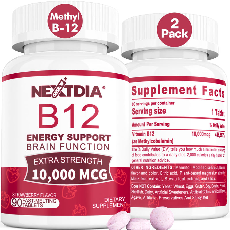 Vitamin B12 10,000 mcg Sublingual, Methylcobalamin, Sugar Free,180 Servings | Methylated Vitamin B12 Sublingual for Energy Boost, Metabolism, Blood Cell Function, Methylation, Vegan, No-GMO Fast Dissolve 90 Count (Pack of 2)