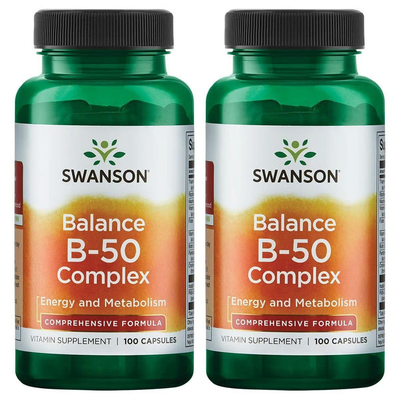 Swanson Balance B-50 High-Potency B Vitamin Complex, 100 Capsules, 2 Pack | For Busy Adults Seeking Immune, Heart, and Nervous System Support, Comprehensive Blend of B Vitamins with B12 100 Count (Pack of 2)