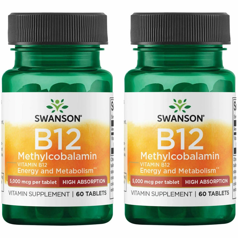 Swanson Vitamin B-12 Methylcobalamin, 5000 mcg, 60 Tablets, 2 Pack | High-Absorption Methylcobalamin, the Neurologically Active Form of B12, Supports Proper Red Blood Cell Formation 60 Count (Pack of 2)
