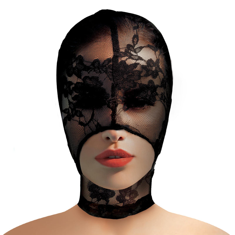 [Australia] - Master Series Lace Seduction Bondage Hood. BDSM Mask and Sexy Fetish Fantasy Costume for Women, Men & Adult Couples. Machine Washable, Polyester, Black, One Size Fits Most 